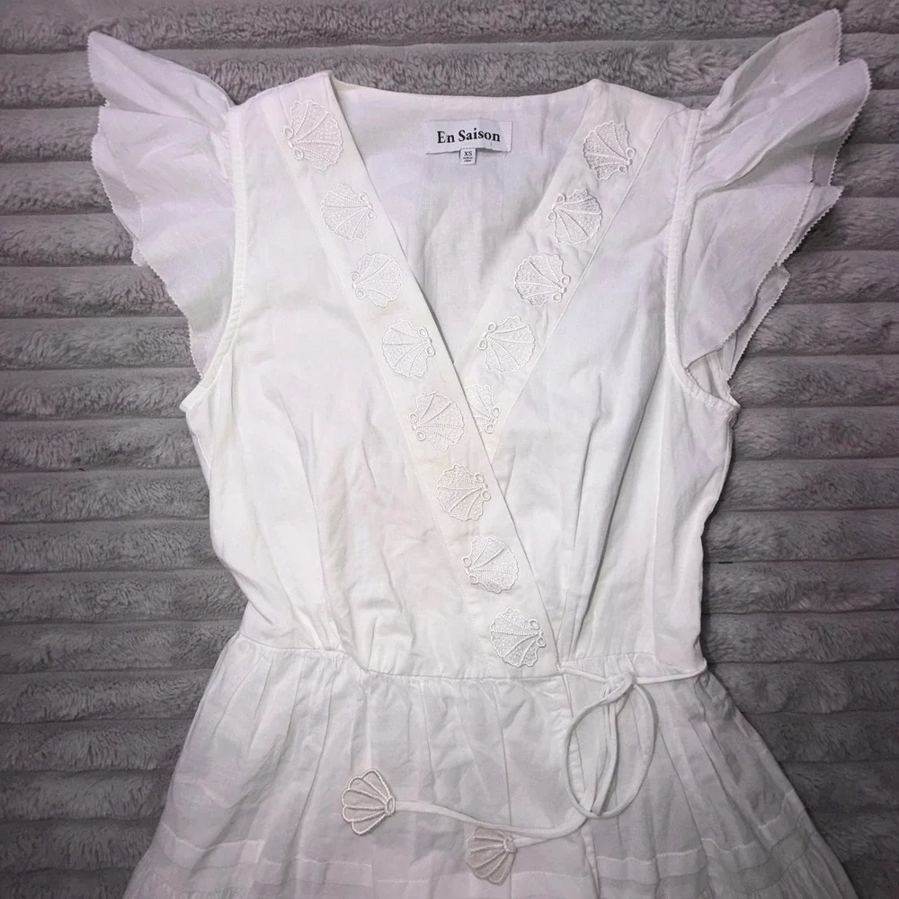 En Saison‎ Womens XS White Shell Ruffle Poplin Wrap Dress Coastal Summer Beach
